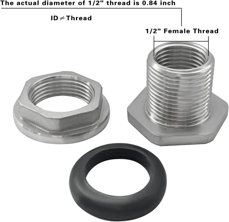 Fitvell 304 Stainless Steel Bulkhead Water Tank Fitting 1/2" Female Thread Compression Bulkhead Adapter Thru-bulk Connector with Gasket for Bathtub and Sink 2PCS - Image 3